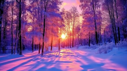 Naklejka premium Snowy forest sunset path; winter wonderland scene, ideal for calendars