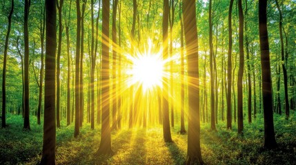 Obraz premium Sunburst in lush green forest; nature, tranquility, background, poster