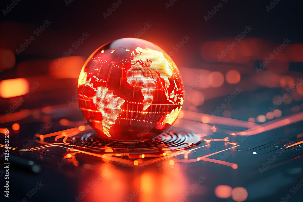 Poster glowing red digital globe representing global connectivity and technology integration, set against d