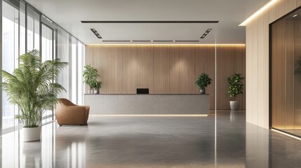 Fototapeta premium Modern Office Lobby with Wooden Wall and Reception Desk