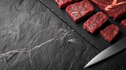 Raw beef steak cuts on slate, knife, dark background, food recipe