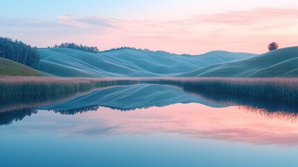 Fototapeta premium Serene Sunrise Over Rolling Hills Reflected in Calm Water