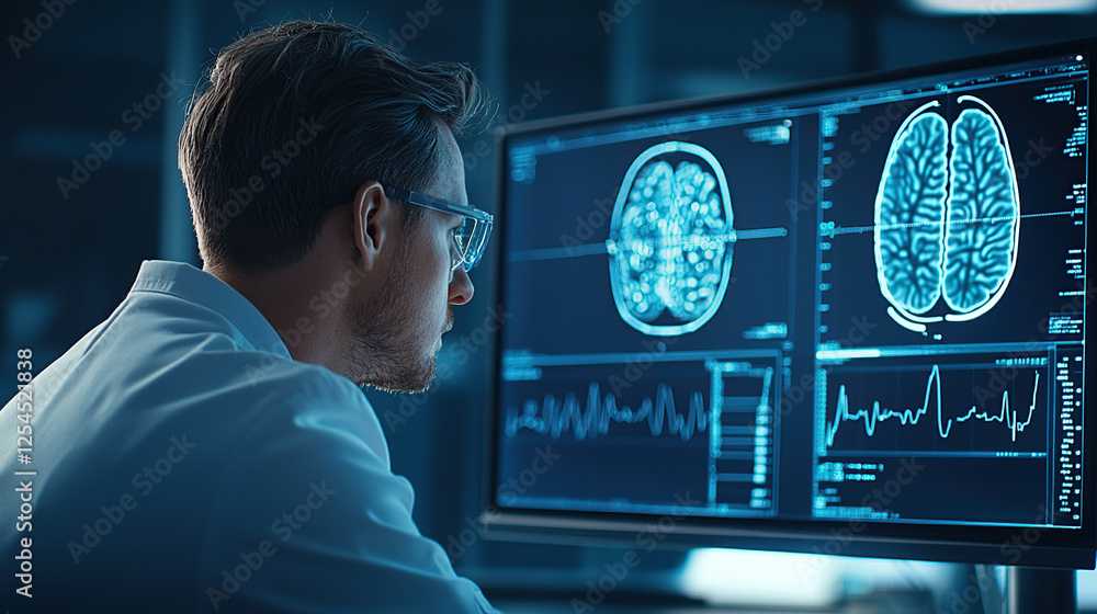 Poster medical professional analyzes brain scans on computer screen, focusing on real time data for healthc