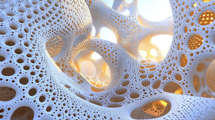 Intricate white organic structures with glowing openings, creating a surreal and abstract environment
