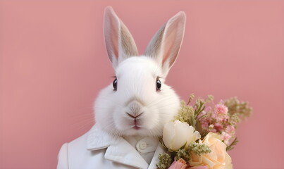 Obraz premium White rabbit in a suit with a bouquet of flowers on a pink isolated background.