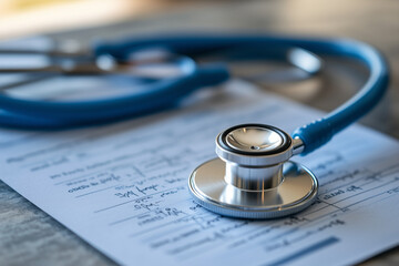 Stethoscope on a doctor table close up background.