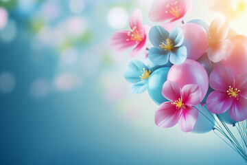 A bunch of colorful balloons and flowers on a gray background with copy space.