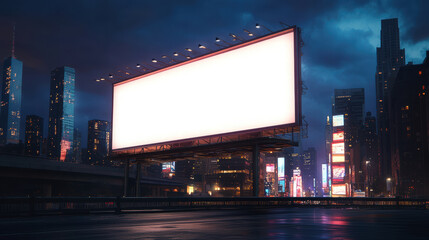 blank billboard stands against vibrant city skyline at night, illuminated by surrounding lights, creating striking urban scene