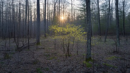 Obraz premium Sunrise forest spring sprout backlit nature photography