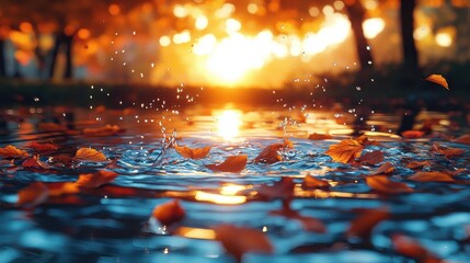 Autumn Leaves on Water, Golden Sunset