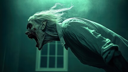Naklejka premium Devil transform in Horror movie concept. A chilling portrayal of a ghostly figure in a haunted setting, evoking fear and mystery.