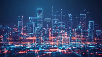 Fototapeta premium Digital Metropolis: A futuristic cityscape illuminated by vibrant neon lines and digital code, representing technological advancement and urban innovation.