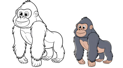 Naklejka premium Cute wild gorilla coloring page with a colored example in cartoon style for kids' activities, animal learning books, and creative fun, isolated on a white background sheet