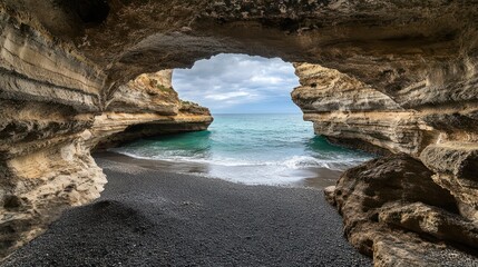 Coastal cave beach ocean view, dramatic sky, travel