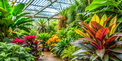 Obraz premium Exotic lush tropical green plant surrounded by vibrant colorful botanicals in a large greenhouse garden environment