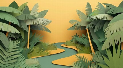 Vibrant Paper-Cut Jungle Scene with Winding River and Lush Greenery Against a Warm Yellow Background for Nature and Adventure Inspired Themes