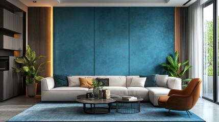 Modern Living Room Design with Teal Wall