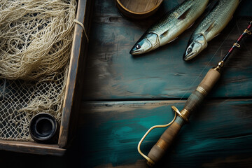 Naklejka premium Fishing rod, tackle, and fish on an old antique fisherman wooden table background.