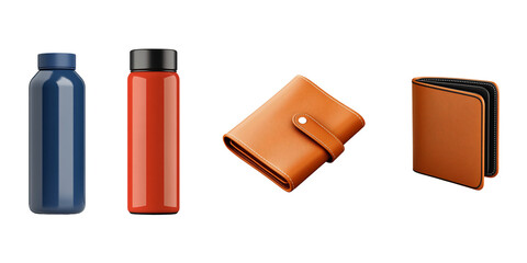 Essential Everyday Items: Four essential items for everyday use: a blue and an orange water bottle, and two brown leather wallets.