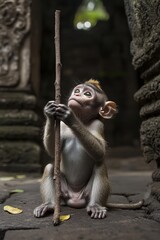 A baby monkey playing with a stick,
