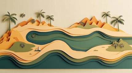 Vibrant Paper-Cut Landscape Illustration of Mountains, Palm Trees, and Wavy River Perfect for Travel and Nature-Themed Projects