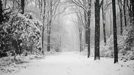 Snowy forest path, winter wonderland, snowfall, background nature, serene landscape