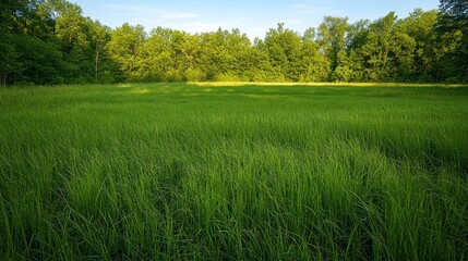 Lush green meadow sunlight forest background nature