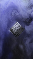 Cube paint geometric. Ink splash wave. Defocused purple color smoke water texture liquid haze fume mist on abstract art background.