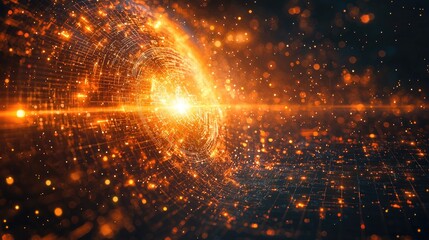 Abstract representation of a cosmic explosion with glowing particles and a radiant core in a digital space