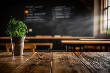 Empty school desk table with copy space on a black board backgrond.