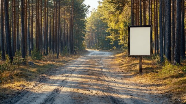 Blank signpost on forest road, sunlight, nature, advertising mockup