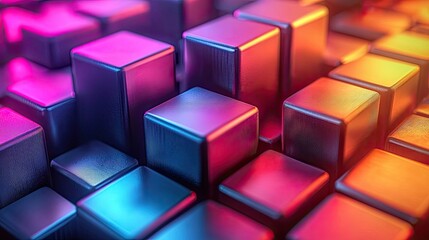 Fototapeta premium Close-up view of colorful, glossy cubes arranged in a dynamic pattern with vibrant lighting effects