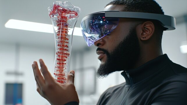 Man Wearing Augmented Reality Glasses Examining Transparent Spine Model in Modern Laboratory Setting