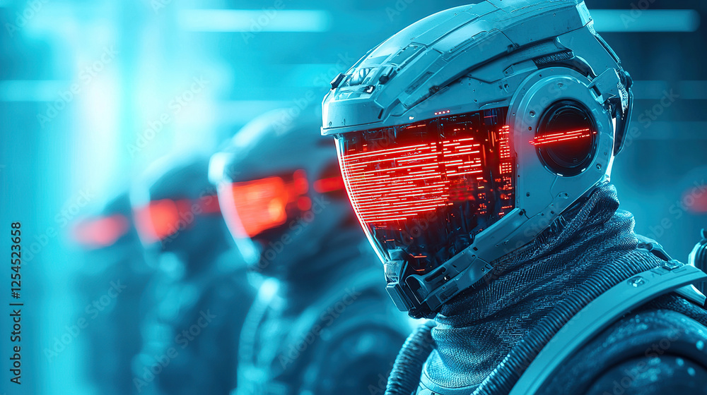 Poster row of futuristic robots with glowing red visors stands in high tech environment, showcasing advance