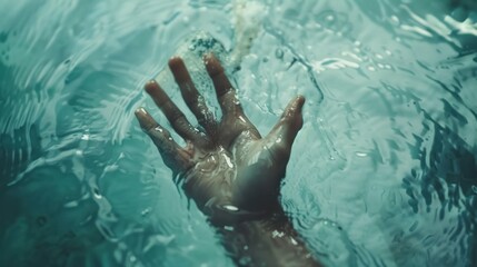 Dramatic view of human hand drowning in river water need help. AI generated image
