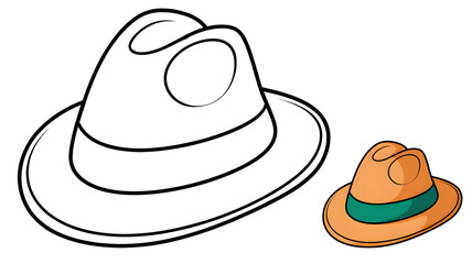 Coloring page of a hat with a colored example for kids, isolated on a white background. Perfect for children's activities, learning, and creative expression
