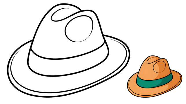 Coloring page of a hat with a colored example for kids, isolated on a white background. Perfect for children's activities, learning, and creative expression