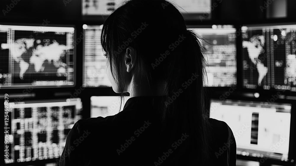 Poster businesswoman analyzing data on multiple computer screens