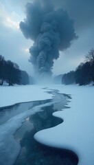 Obraz premium A black cloud of smoke hangs above a frozen lake, serene, peaceful, solitude