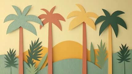 Vibrant Paper-Cut Palm Trees Against a Golden Sunset – Stylish Tropical Landscape Illustration for Creative Designs and Backgrounds
