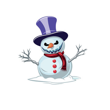Evil creepy snowman in a high hat isolated on white background.	
