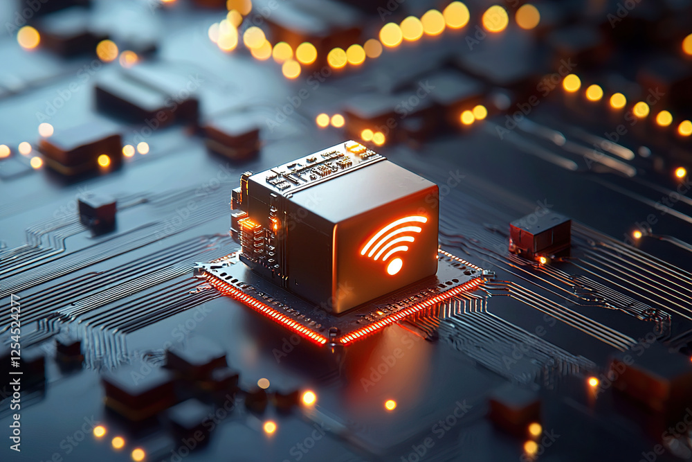 Poster glowing microchip with wi fi symbol represents advanced technology and connectivity on circuit board