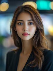 Fototapeta premium Portrait of a young asian Thai businesswoman posing in a modern office environment