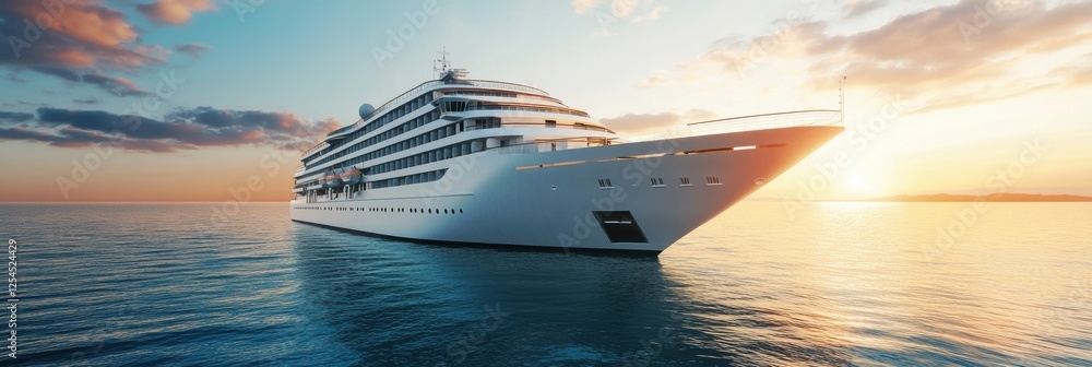 Poster luxurious cruise ship sails across calm ocean waters at sunset with bright colors reflecting on the 