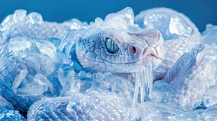A striking white snake partially concealed in ice, showcasing its vivid blue eyes against a cool background