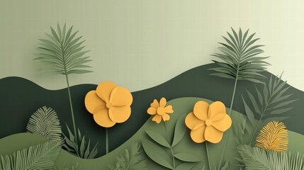Vibrant Paper-Cut Style Floral Illustration with Yellow Flowers and Green Foliage on Abstract Hills, Perfect for Nature-Themed Designs and Backgrounds