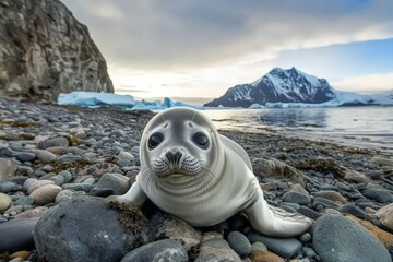 A baby seal lying on a rocky shore,