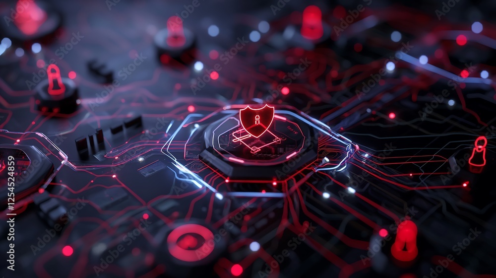 Poster a global cybersecurity network with interconnected encrypted data streams, floating shield icons, an