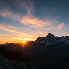 A serene morning scene in the Alps, with the sun rising behind majestic snow-capped mountains, illuminating the sky with warm hues.