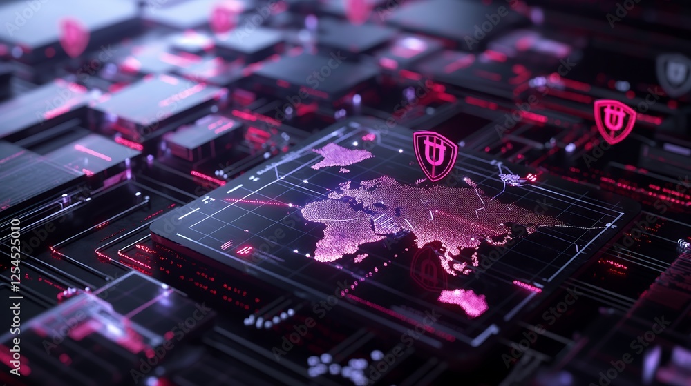 Poster a global cybersecurity network with interconnected encrypted data streams, floating shield icons, an